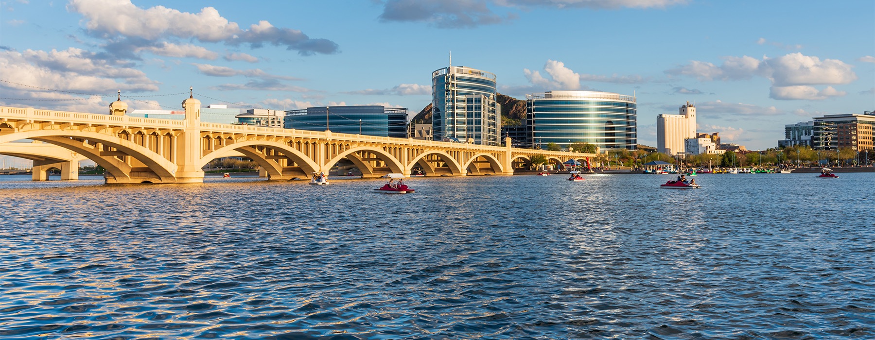 a bridge and a city scape behind a body of water